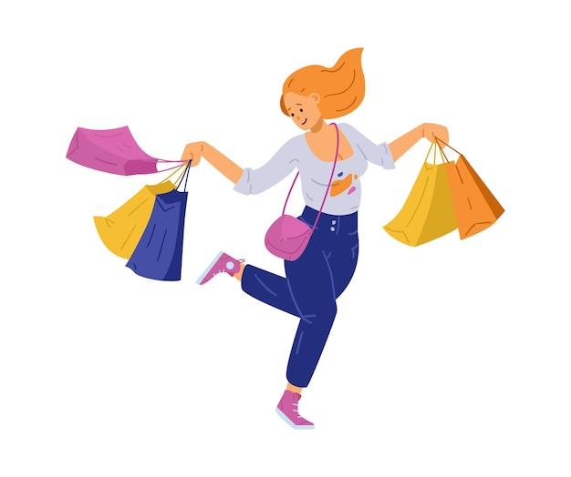 Cheerful happy young woman enjoying shopping flat  isolated