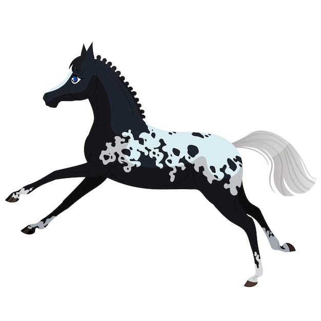 The cheerful horse is jumping black horse with spots vector isolated illustration on white backgro