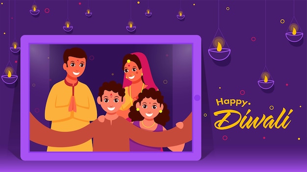 Веселая индийская семья вместе делает селфи со смартфона и зажженных масляных ламп