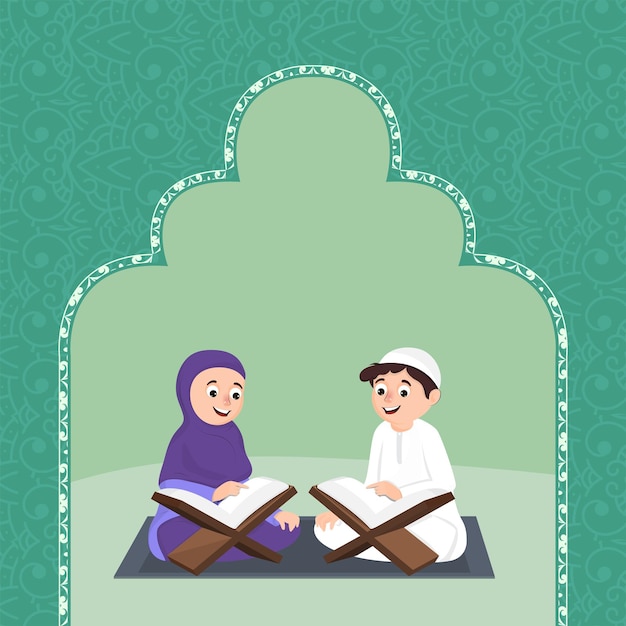 Cheerful Islamic Couple Reading Quran Book On Green Islamic Pattern Background And Copy Space