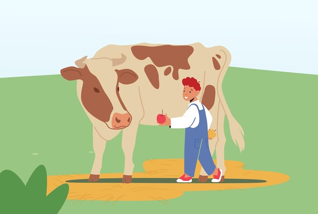 Веселый ребенок кормит милую корову на ферме или в открытом зоопарке. Маленький мальчик дает яблоко теленку. Детский персонаж проводит время в парке для животных в свободное время на выходных. Векторные иллюстрации шаржа