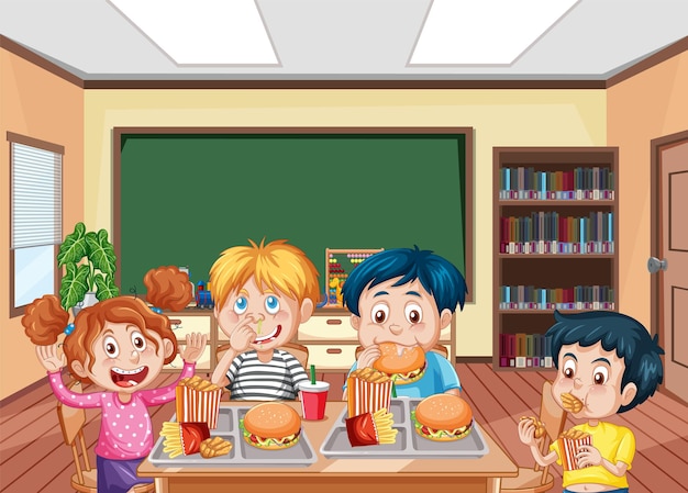 Vector cheerful kids enjoying mealtime