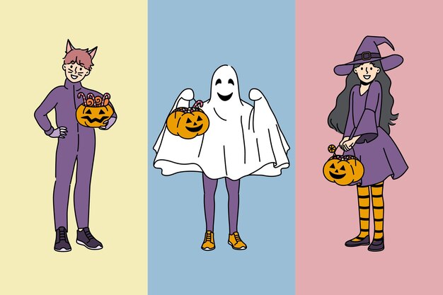 Vector cheerful kids in halloween outfits invite to go for treats and hold pumpkins in hands