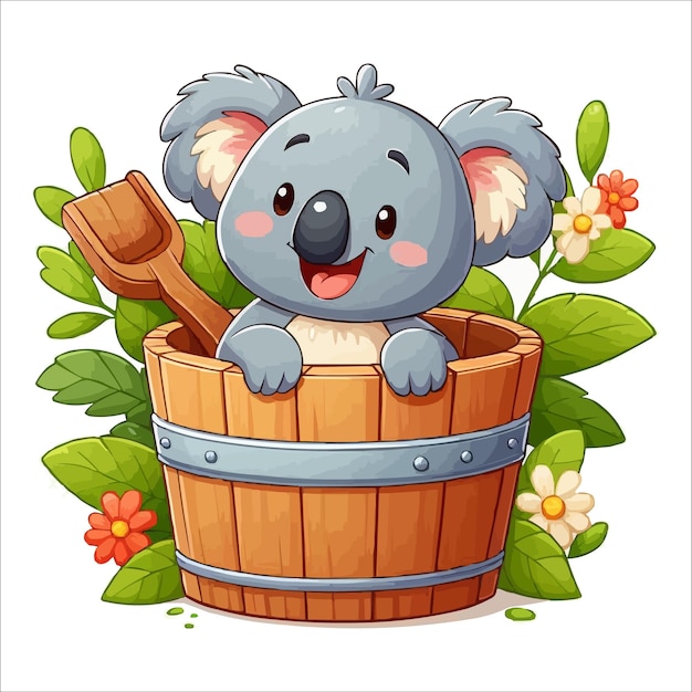 Cheerful koala in a wooden bucket cartoon vector illustration