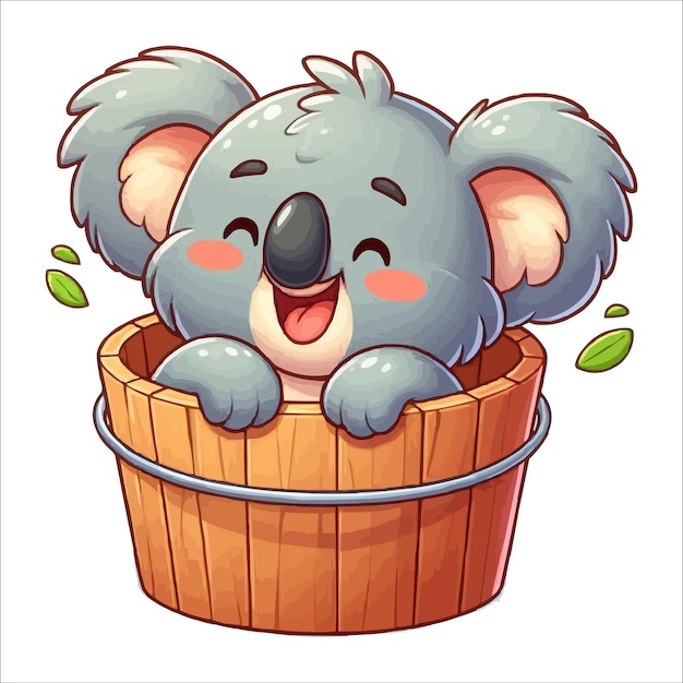Cheerful koala in a wooden bucket cartoon vector illustration