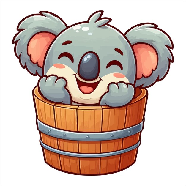 Cheerful koala in a wooden bucket cartoon vector illustration