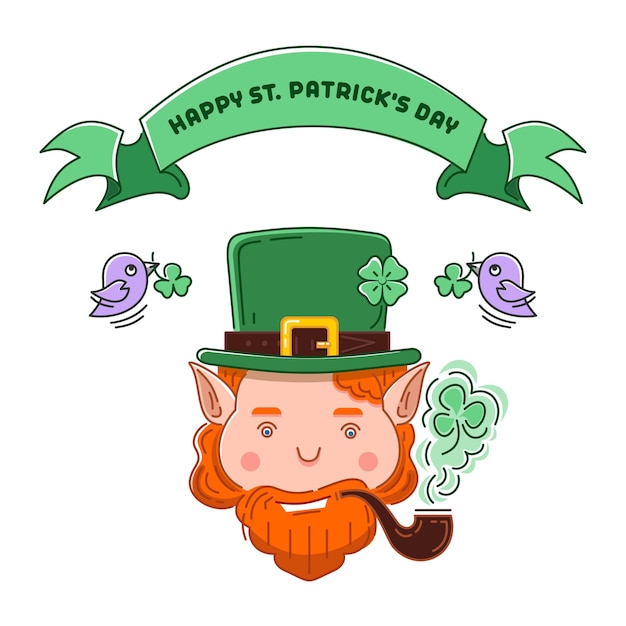 Cheerful leprechaun smoking a pipe under the banner with a traditional greeting inscription Happy St Patricks Day Color vector illustration in the flat style