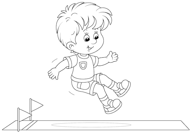 Vector cheerful little boy in a long jump with a running start at a competition on a sports ground