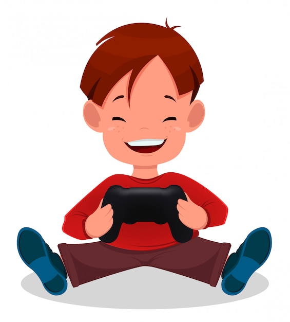 cheerful little boy playing videogames