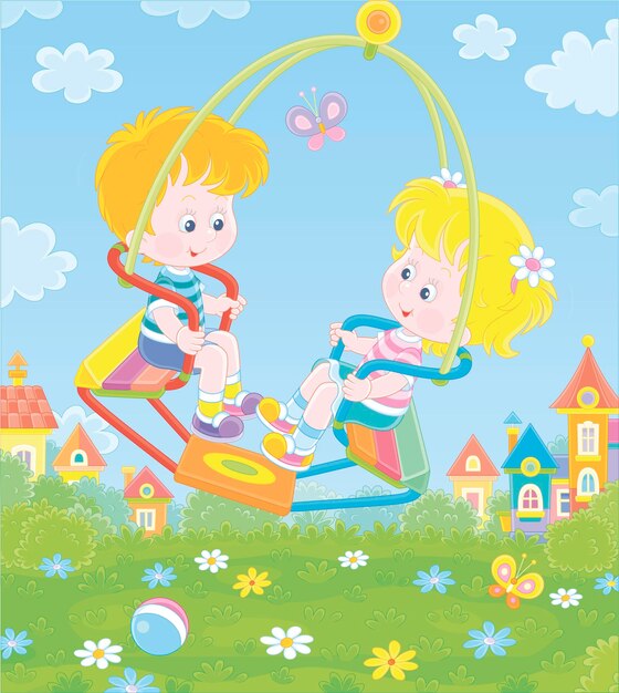 Cheerful little children swinging on a green summer playground\
in a park of a small colorful town