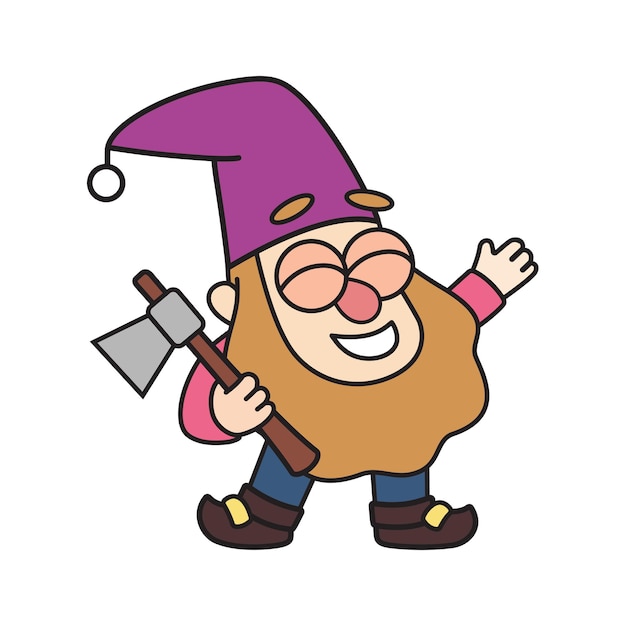 Cheerful little garden dwarf is holding an ax in cartoon style