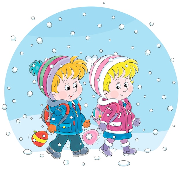 Cheerful little schoolboy and schoolgirl with their backpacks going to school through snowfall