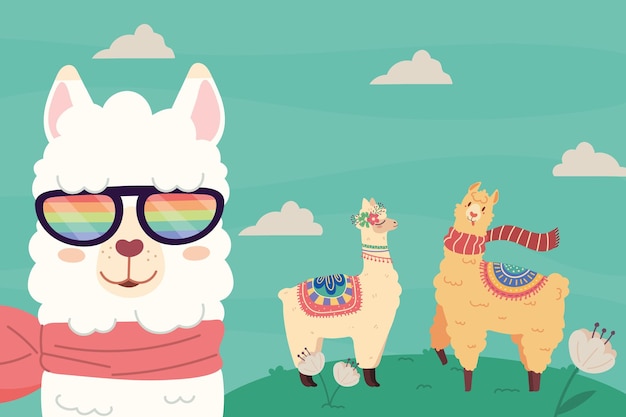 Vector cheerful llamas in the park