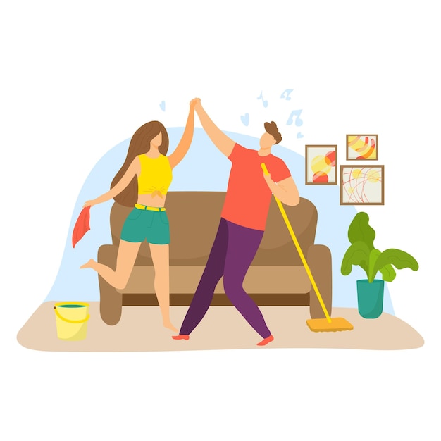 Cheerful lovely couple joyfully cleaning apartment room woman hold wet cloth man carry mop
