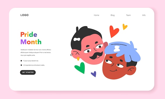 Cheerful male characters gay couple celebrate pride month web banner