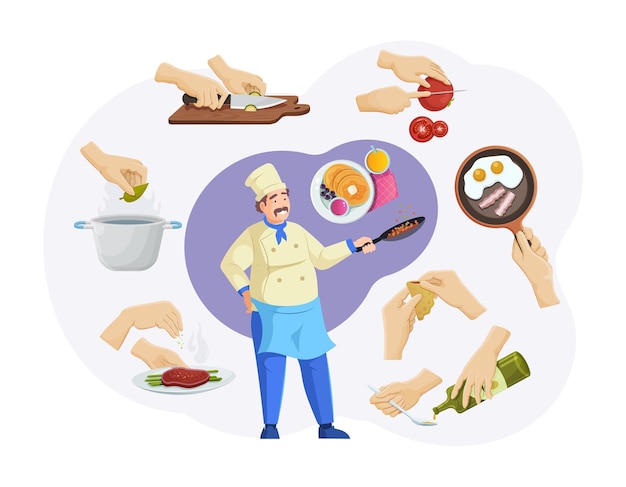 Vector cheerful male chef character cooking tasty meal set professional cook in uniform preparing dishes hands of kitchener cutting vegetables pour oil put bay leaf pepper food