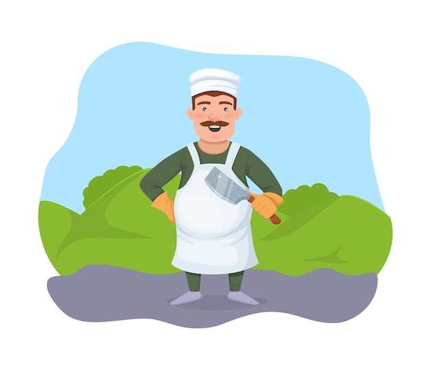 Веселый шеф-повар, стоящий с ножом на летнем пейзаже