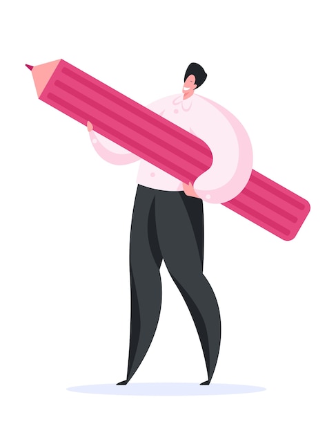 Vector cheerful male designer carrying large pencil