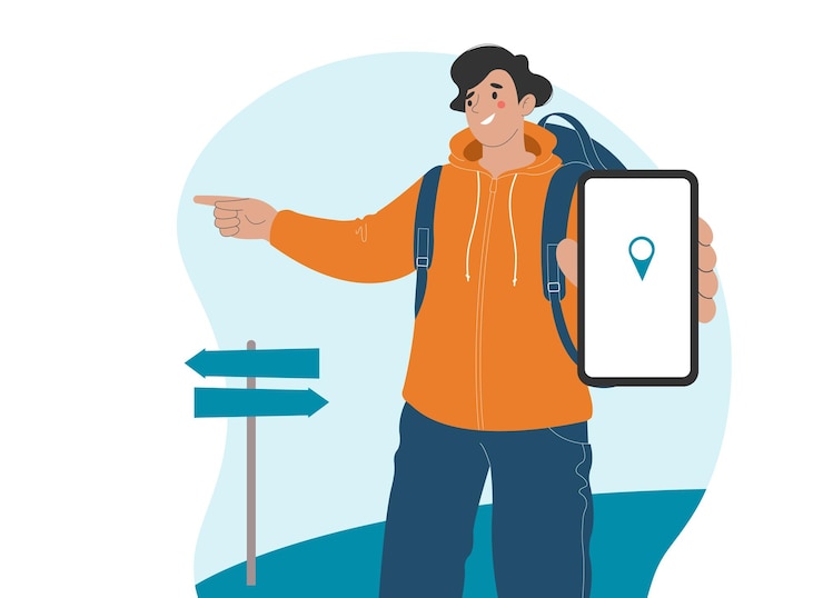 Vector cheerful male tourist points direction with his finger. in his other hand he holds smartphone