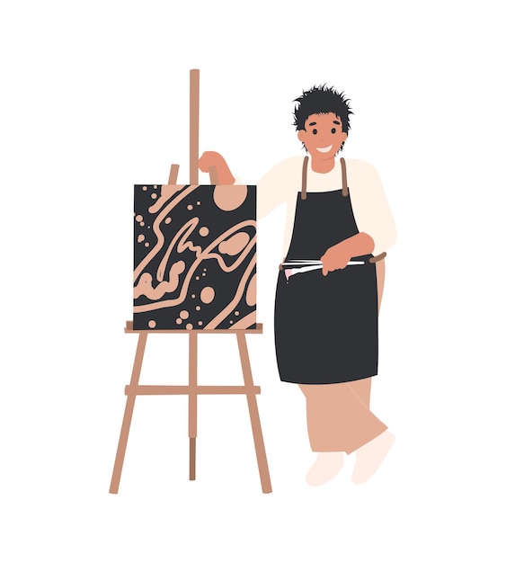 Cheerful Man Artist stands near the easel, Hobby, art studio, art classes concept