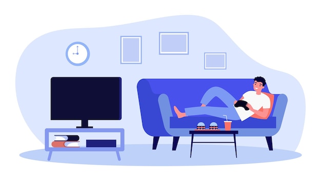 Vector cheerful man lying on sofa and playing video game