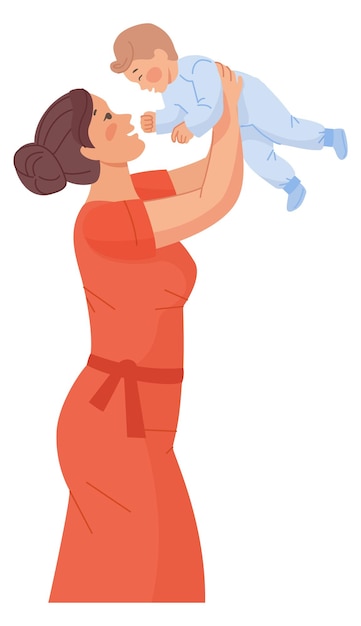 Vector cheerful mom with newborn woman playing with smiling baby