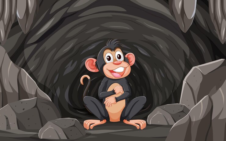 Vector cheerful monkey in a cozy cave