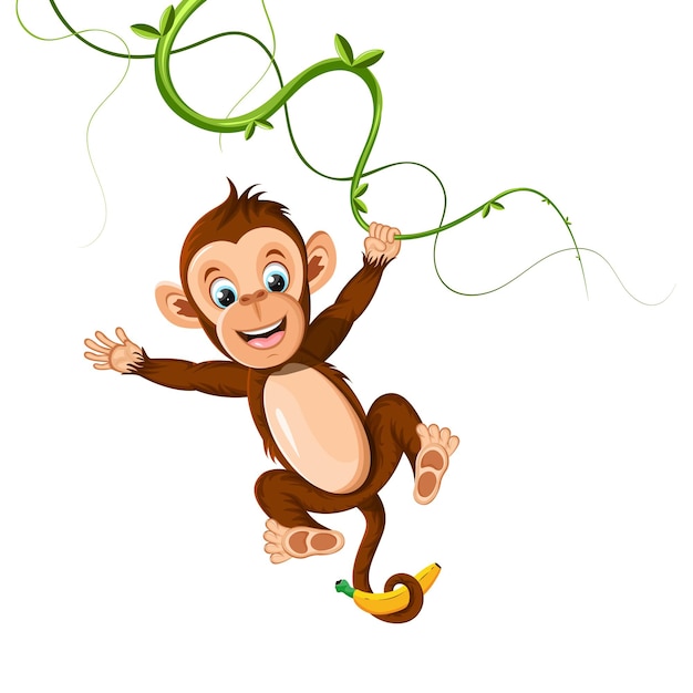 Cheerful monkey hanging on a vine and holding a banana