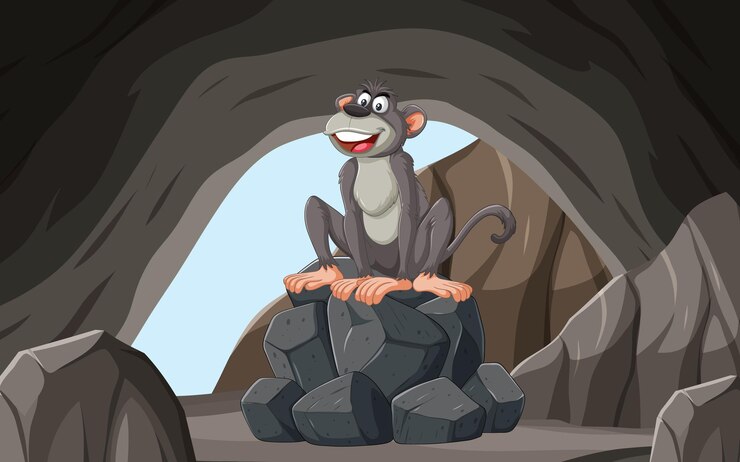 Vector cheerful monkey in a rocky cave