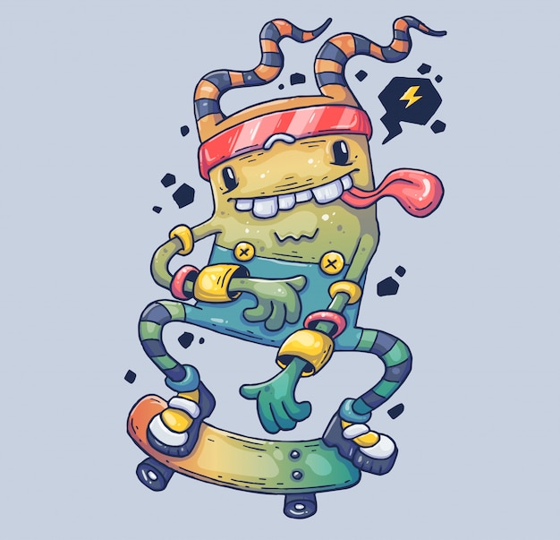 Mostro allegro su skateboard. illustrazione di cartone animato personaggio in stile grafico moderno.