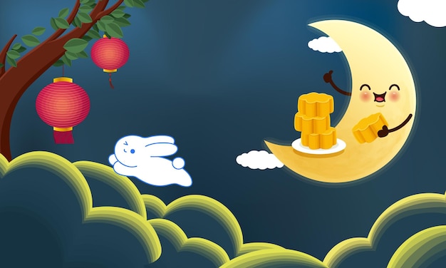 Cheerful Moon and Bunny Sharing Mooncakes