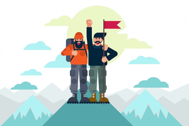 Alpinisti allegri con la bandiera che celebra successo dopo aver raggiunto insieme la cima della montagna. illustrazione vettoriale concetto di successo