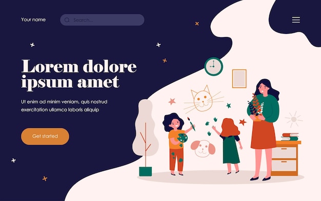 Bambini giocherelloni allegri che disegnano sulla parete a casa. sconvolto mamma, vernici, illustrazione vettoriale piatto pennello. bambini attivi, infanzia, concetto di attività per banner, progettazione di siti web o pagina web di destinazione