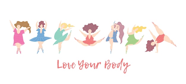 Vector cheerful overweight women dancing. happy body positive girl. horisontal banner. vector illustration