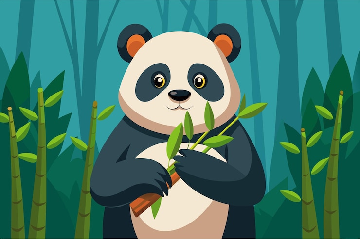 Vector a cheerful panda munches on bamboo amidst greenery