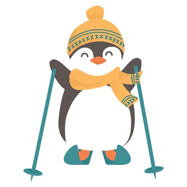 cheerful penguin in yellow hat and scarf are skiing