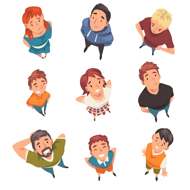 Cheerful People Characters Looking Up Set View from Above Vector Illustration