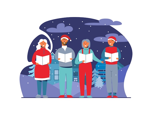 Вектор Веселые люди в шляпах санта-клауса поют рождественские гимны. персонажи зимних праздников на снежном фоне. рождественские певцы.
