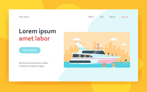cheerful people sailing on luxury boat isolated landing page