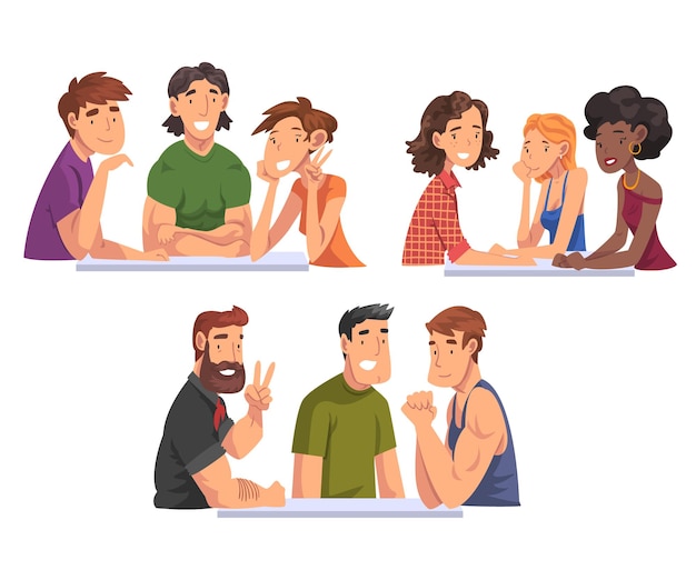 Cheerful People Sitting and Looking at Us Set Meeting of Friends Cartoon Vector Illustration