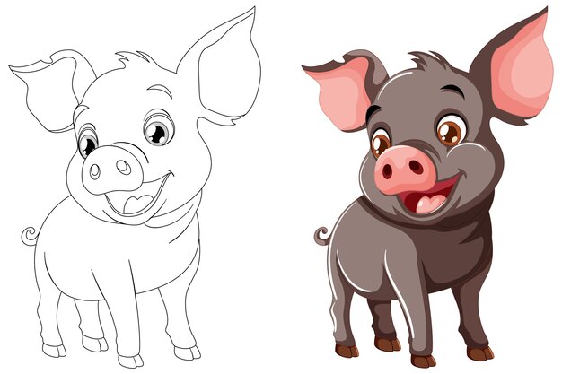 Vector cheerful piglet before and after coloring