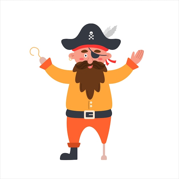 Cheerful pirate with beard in hat with skull hook and an eye patch Vector illustration