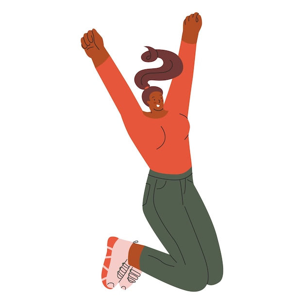 Веселая позитивная девушка с черной кожей прыгает в воздухе