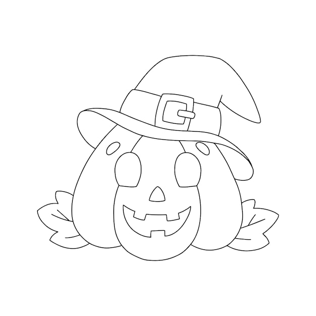 Cheerful pumpkin with a hat coloring book page for kids