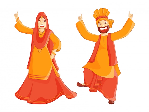 Cheerful punjabi couple performing bhangra dance on white background.