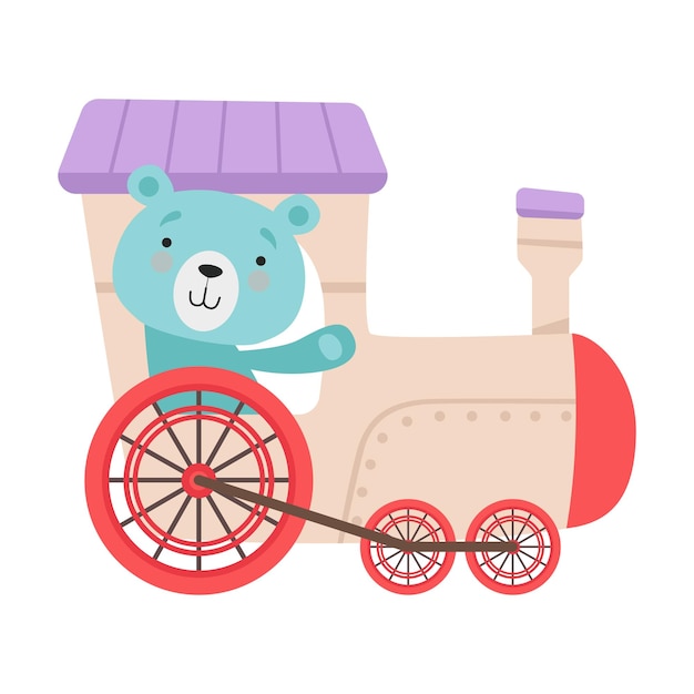 Vector cheerful red cheeked bear waving paw driving toy wheeled train vector illustration