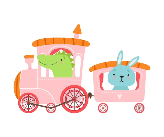 Vector cheerful red cheeked crocodile and hare driving toy wheeled train vector illustration