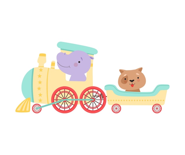 Векторная иллюстрация игрушечного поезда с веселым бегемотом и собакой-водителем