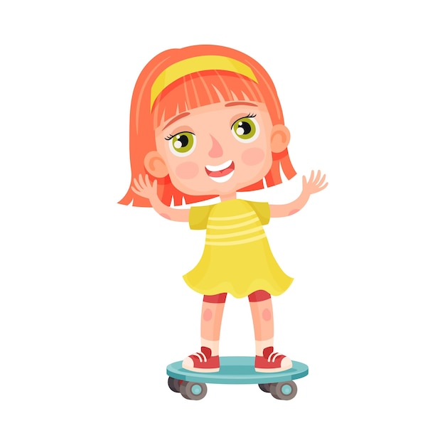 Cheerful Redhaired Girl Character Skateboarding Vector Illustration