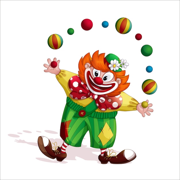 Cheerful redhead clown juggler.